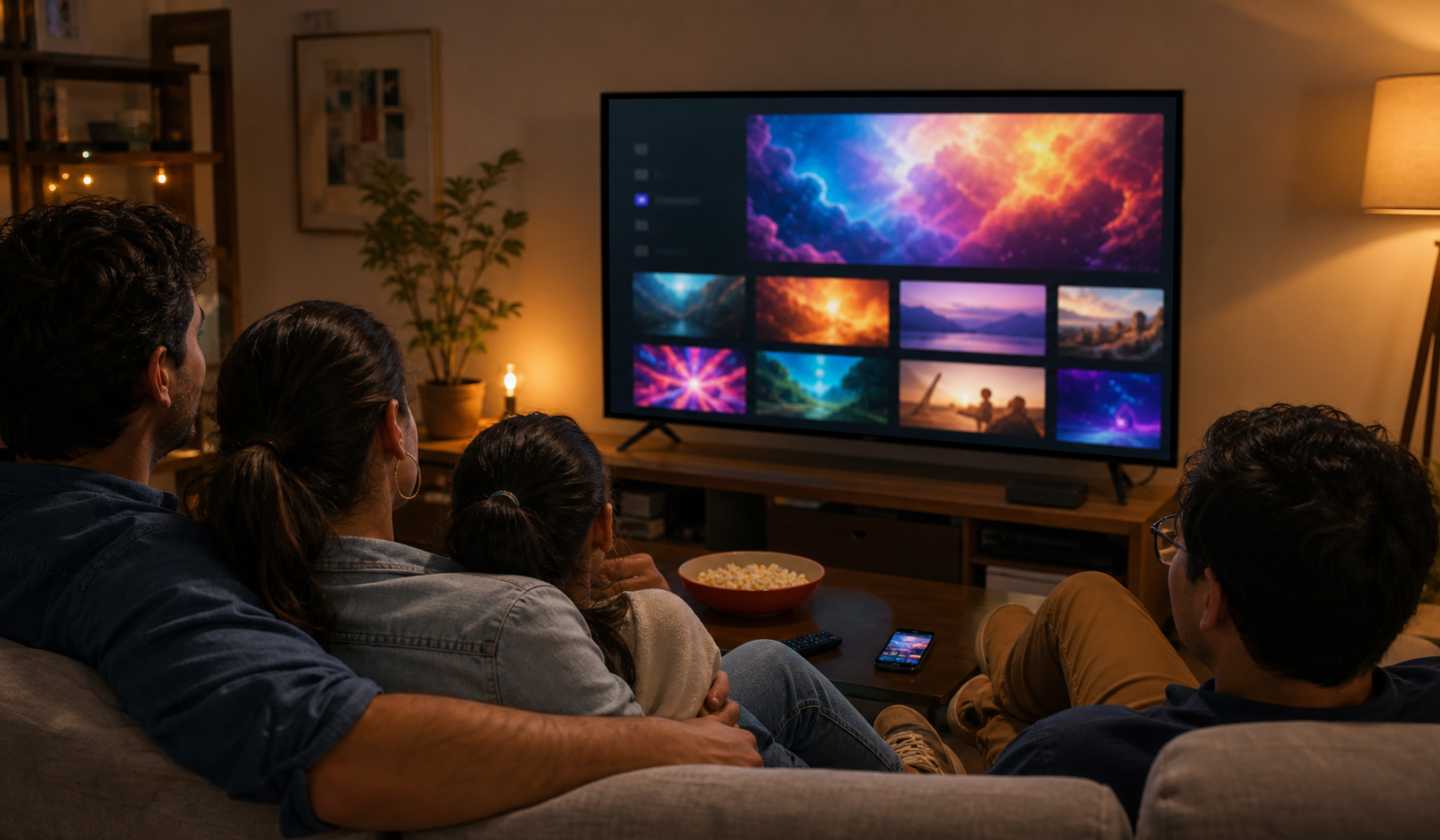 Familia observa contenido de video en una televisión conectada a internet en una imagen editorial